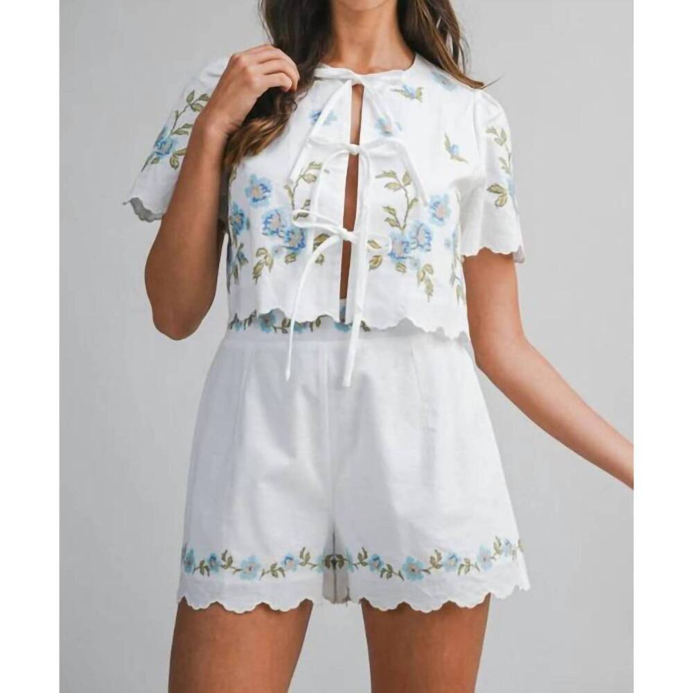 NEW MABLE islander embroidery top and shorts set in white/blue